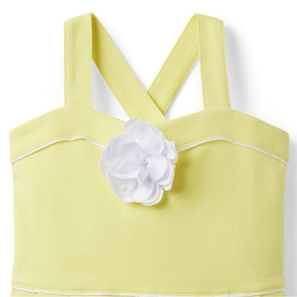 Janie and Jack Pale Yellow Cross-Back Romper with White Flower - Picture 3 of 5